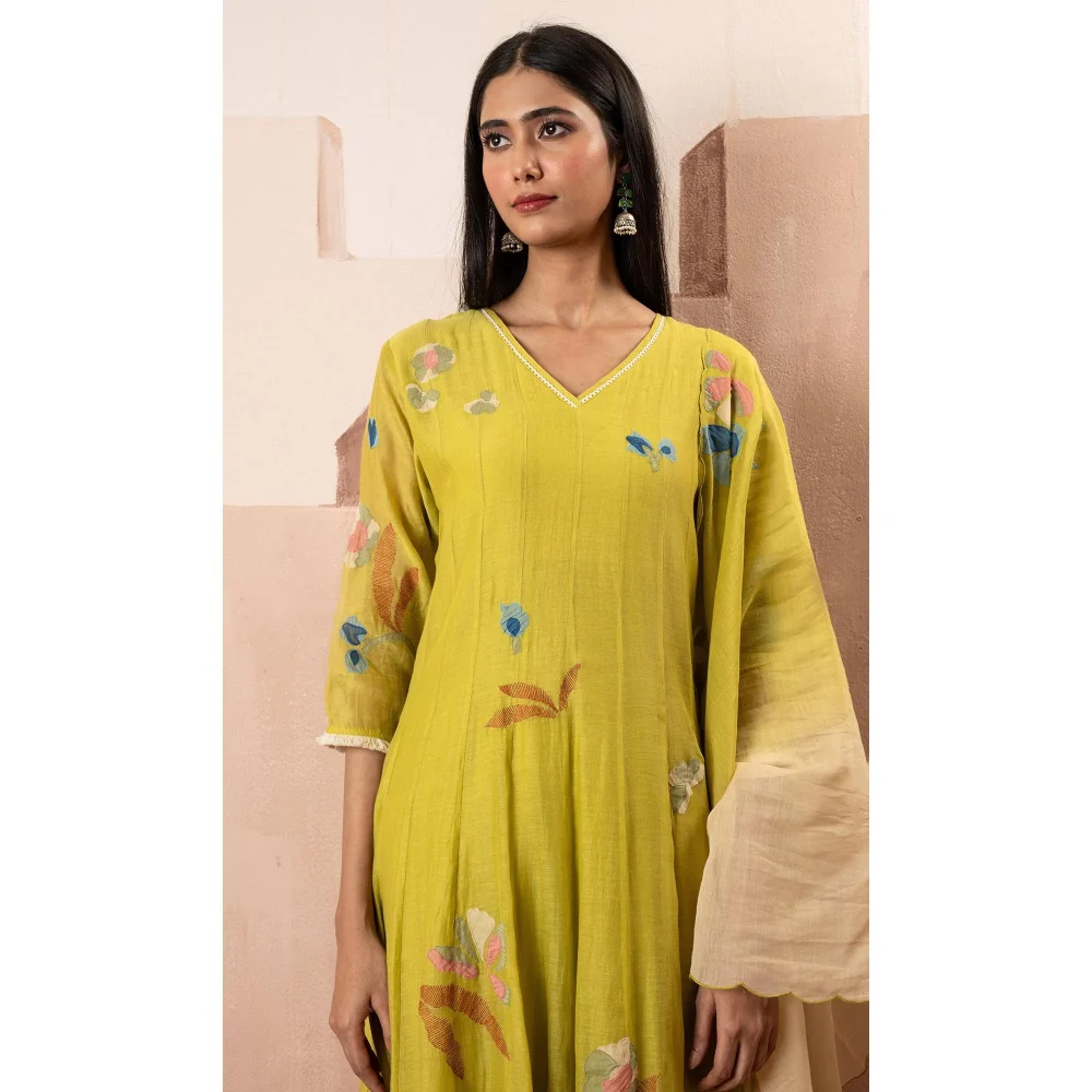 AM by Anita Mittal Yellow Frida Anarkali Kurta with Pant and Dupatta - Image 5
