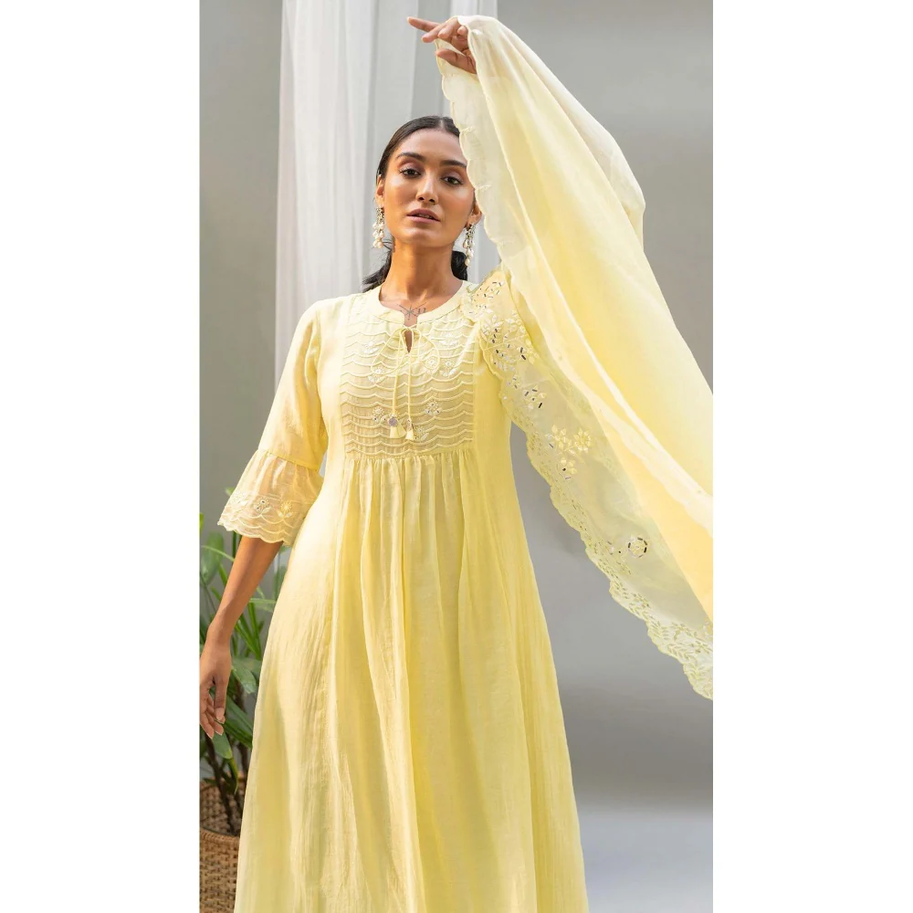 AM by Anita Mittal Yellow Saadgi A-Line Kurta with Pant and Dupatta - Image 2