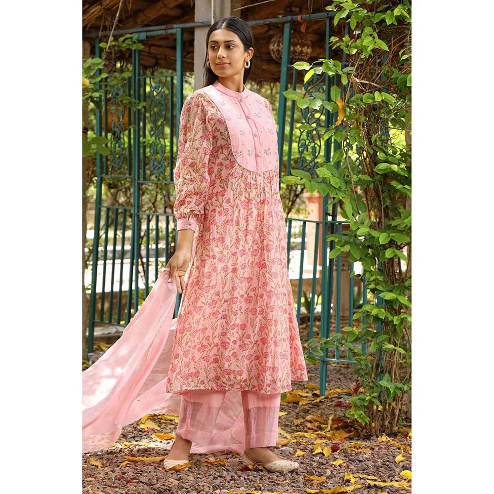 Amoree Pink Bougan Floral Print Kurta with Pant & Dupatta - Image 2