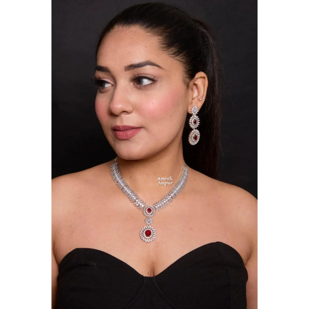 Amreli Jaipur Yanina Ruby Diamond Necklace Set - Image 2