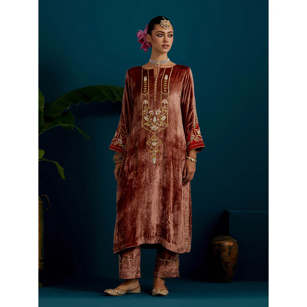 Anantaa by Roohi Trehan Dull Brown Velvet Round Neck Kurta - Image 6