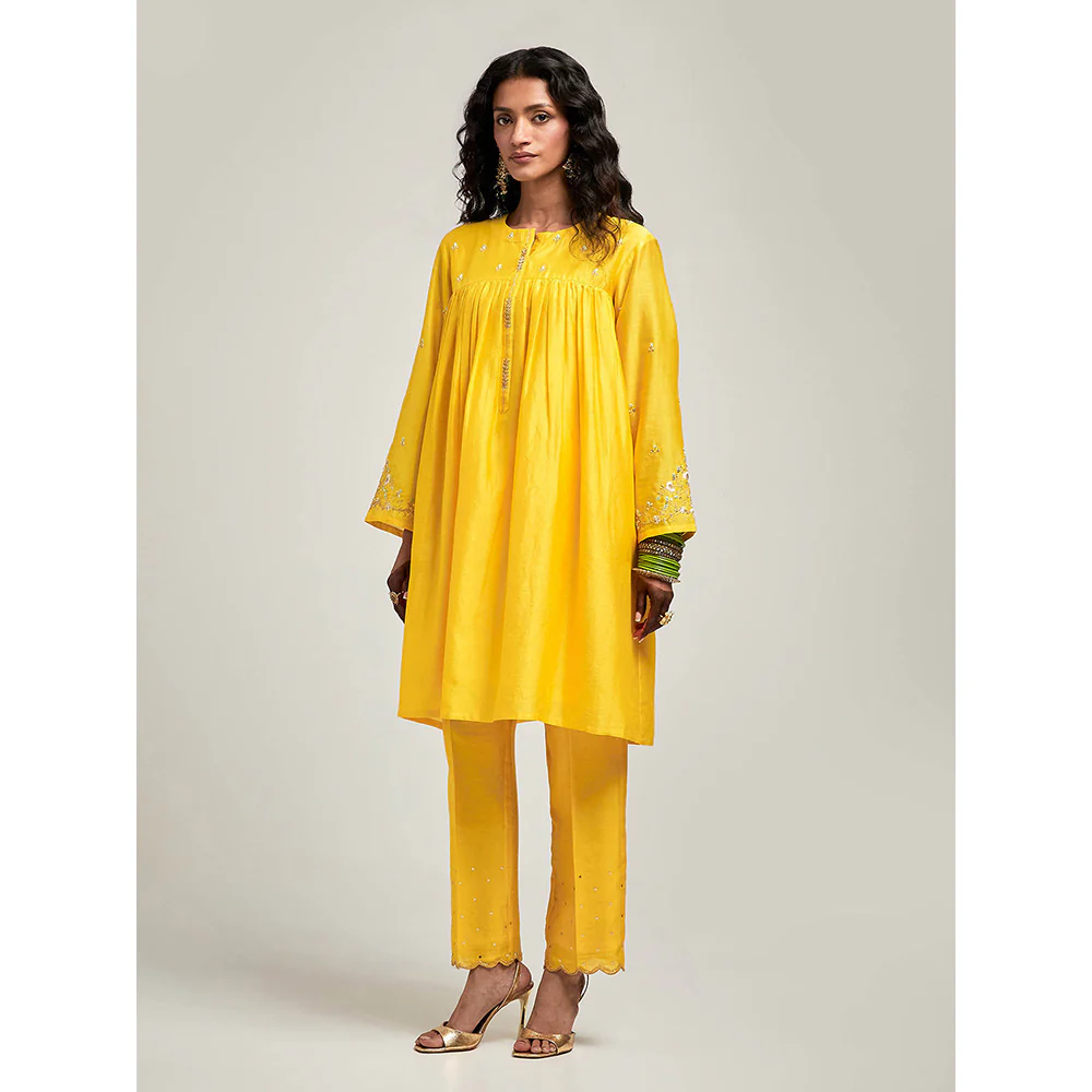 Anantaa by Roohi Trehan Short Embroidered Yoke Kurta With Pant - Yellow - Image 3