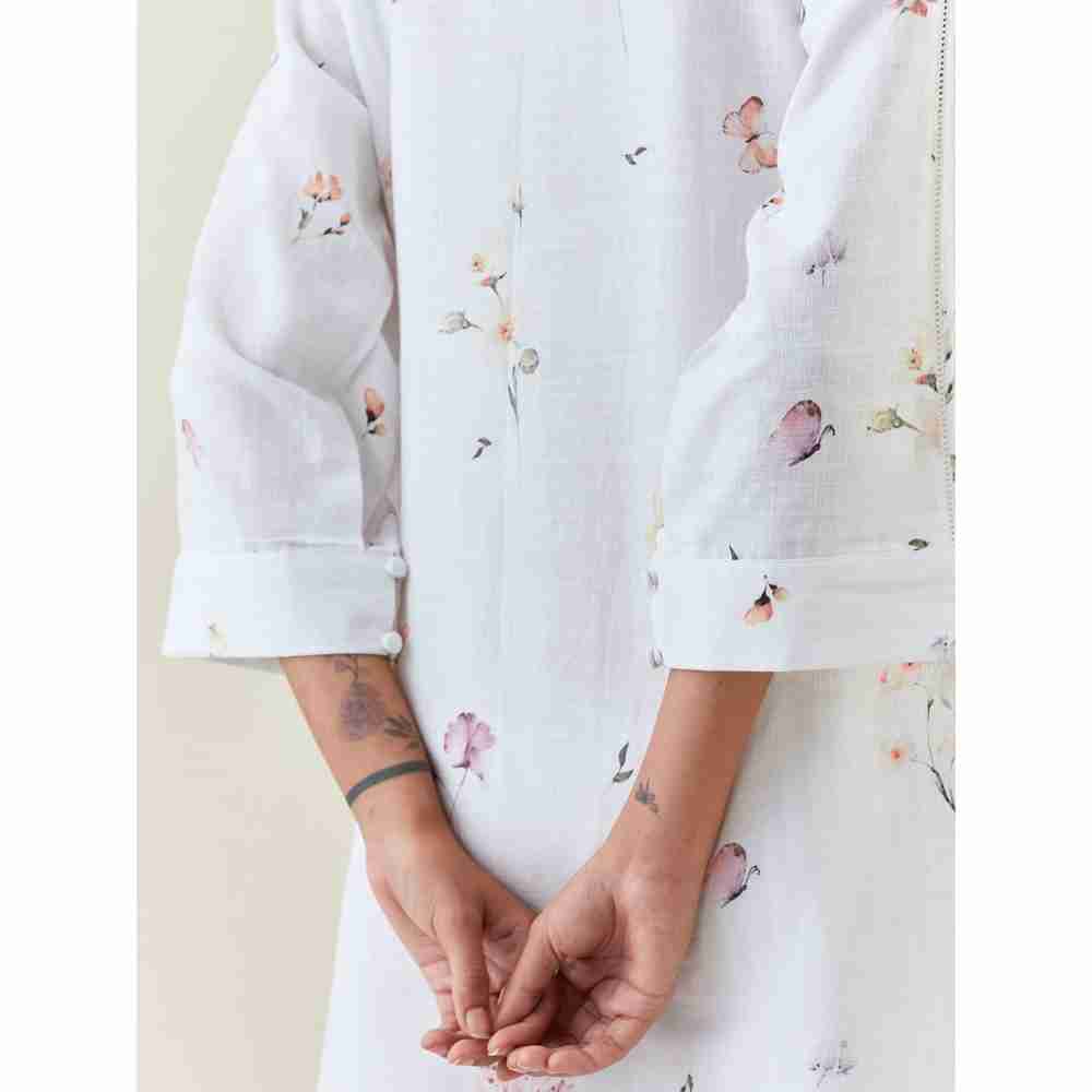 Anantaa by Roohi Trehan White Botanical Print Mid Length Cotton Linen Kurta With Yoke Placket - Image 2