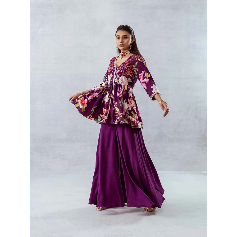 AROOP SHOP INDIA Women Purple Floral Kurta with Palazzo (Set of 2) - Image 4