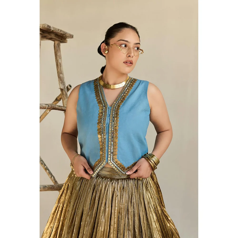 ASHNA VASWANI Gold Denim Waist Coat With Crushed Lehenga - Image 2