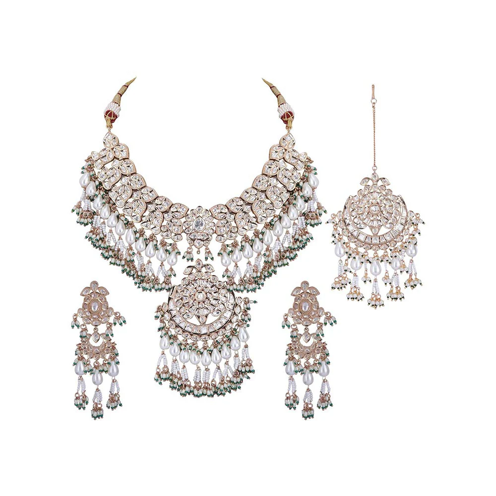 Auraa Trends 22KT Gold Plated Kundan Classic White and Green Necklace Set for women - Image 3