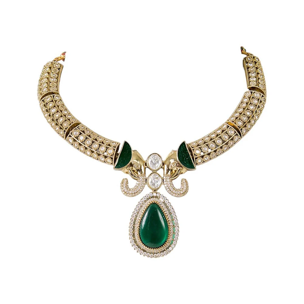 Auraa Trends Two-Tone Finish Kundan Polka and Green Stone Jewellery Set - Image 3