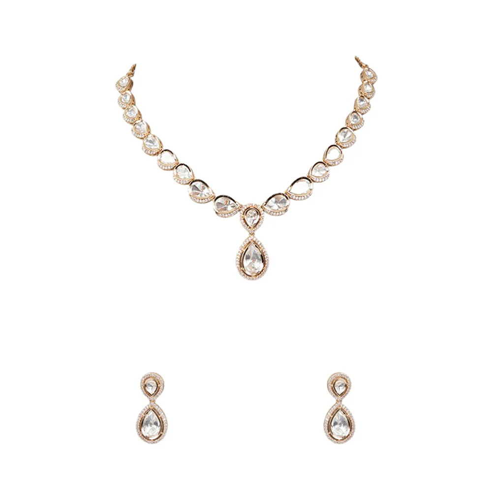 Auraa Trends White Gold Finish Kundan Polki and Pearl Necklace & Earrings Set - Image 2