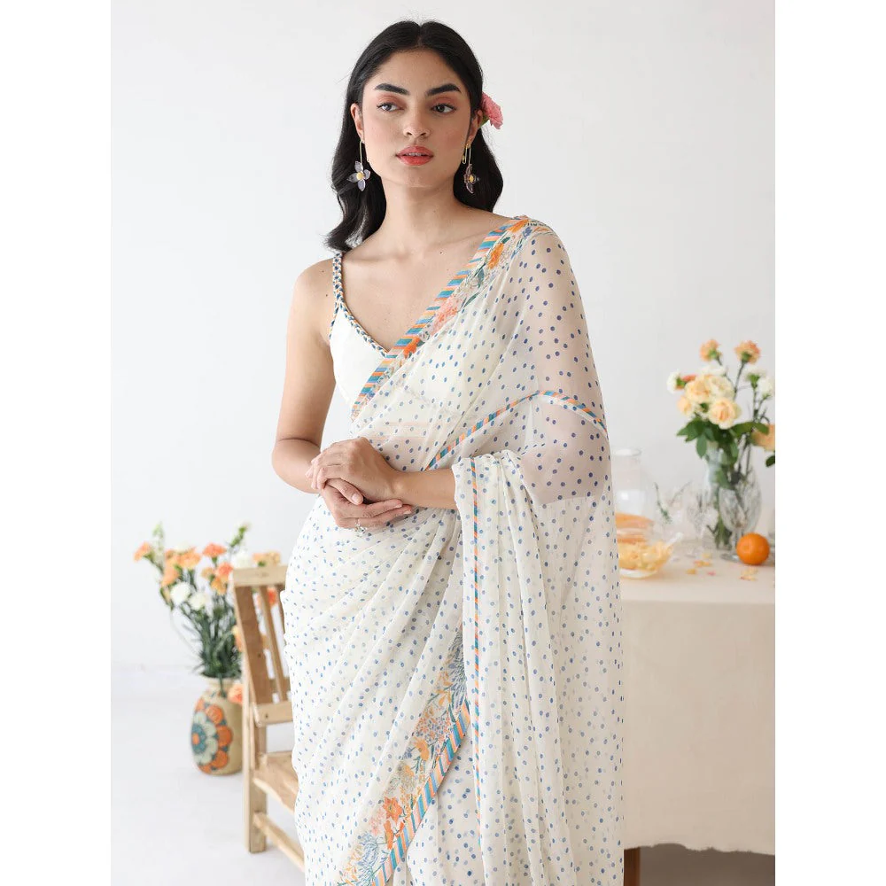 Baise Gaba Ode White Printed Saree with Stitched Blouse - Image 4