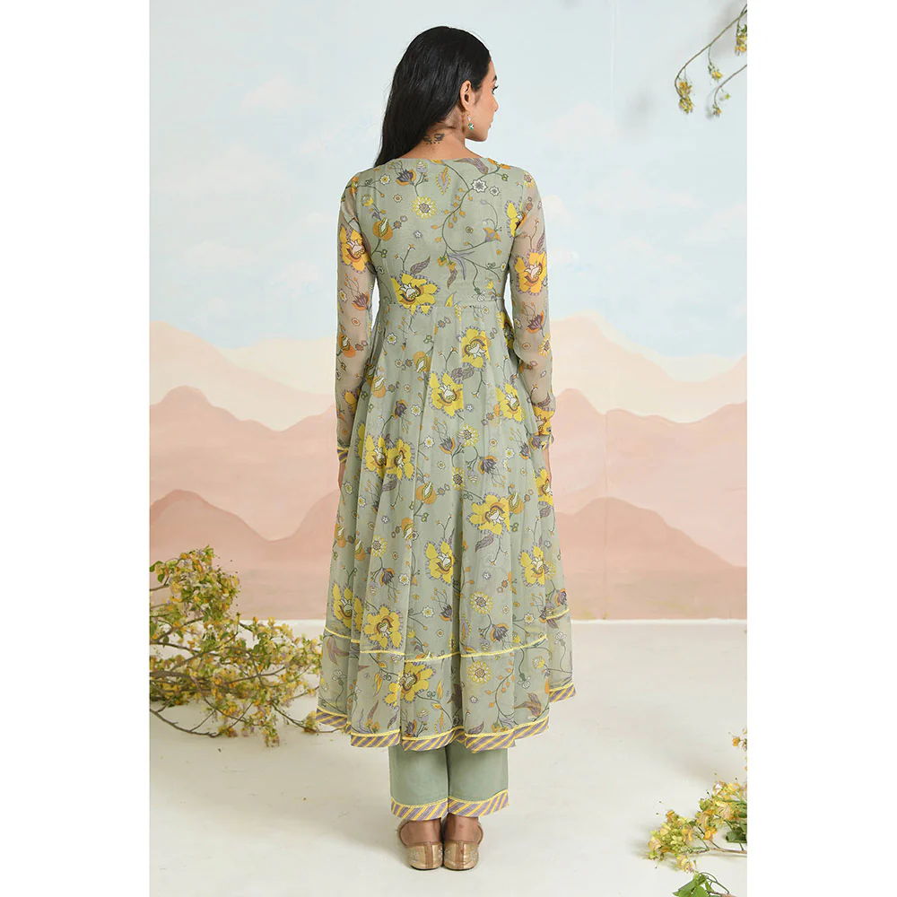 Baise Gaba Sunpetal Green Anarkali Kurta with Pant and Dupatta - Image 3