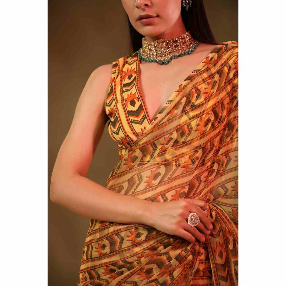 Baise Gaba Yellow Susane Printed Saree with Unstitched Blouse - Image 5