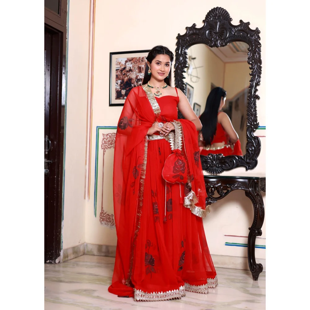 Bannhi by Priyanka Rathore Gayatri Red Hand Painted Lehenga (Set of 4) - Image 2