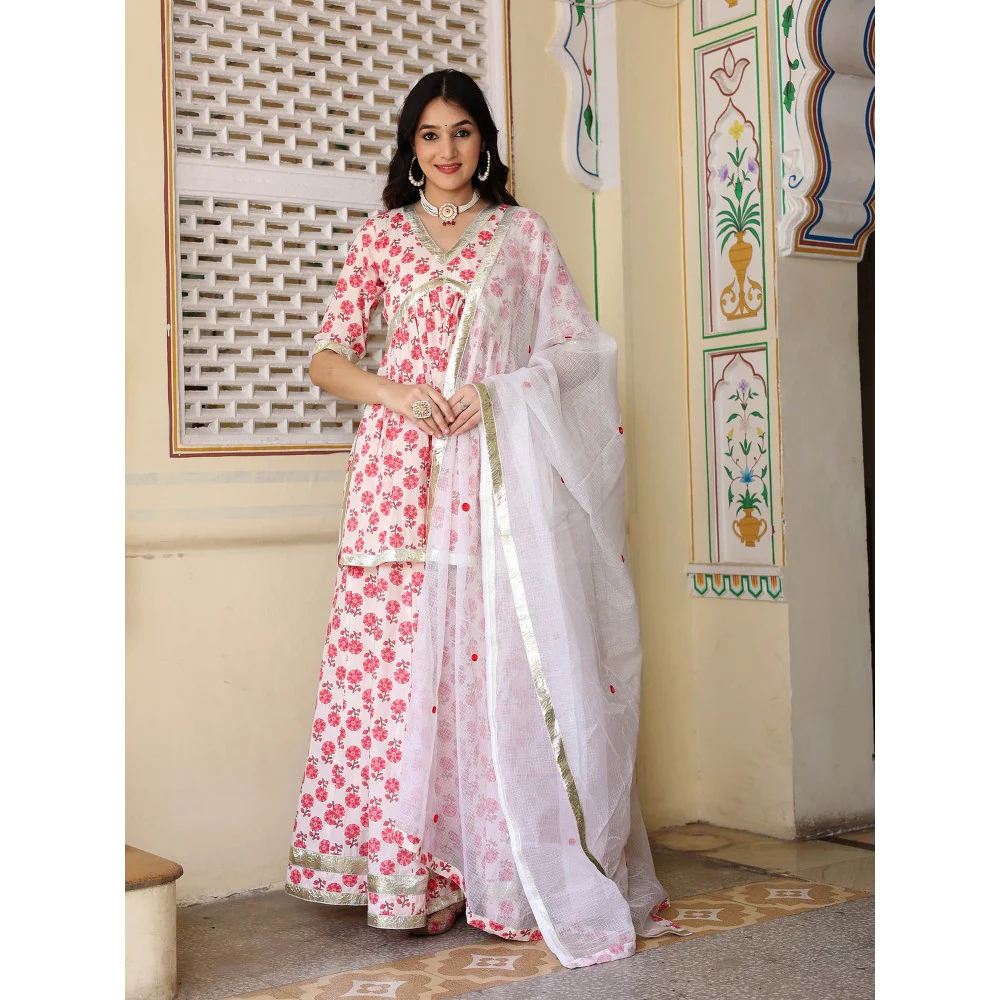 Bannhi by Priyanka Rathore Pink Purva Cotton Kurti With Skirt And Dupatta (Set of 3)