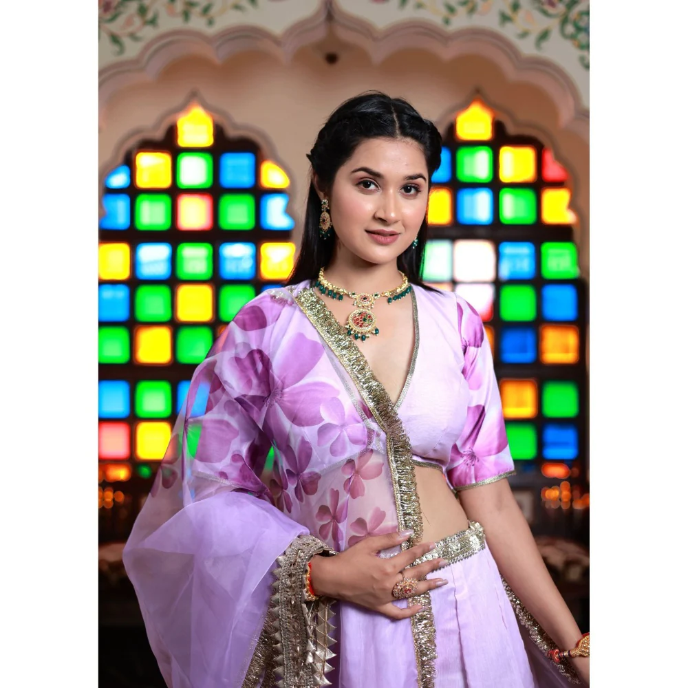 Bannhi by Priyanka Rathore Shubha Printed Chanderi Lehenga (Set of 4) - Image 3