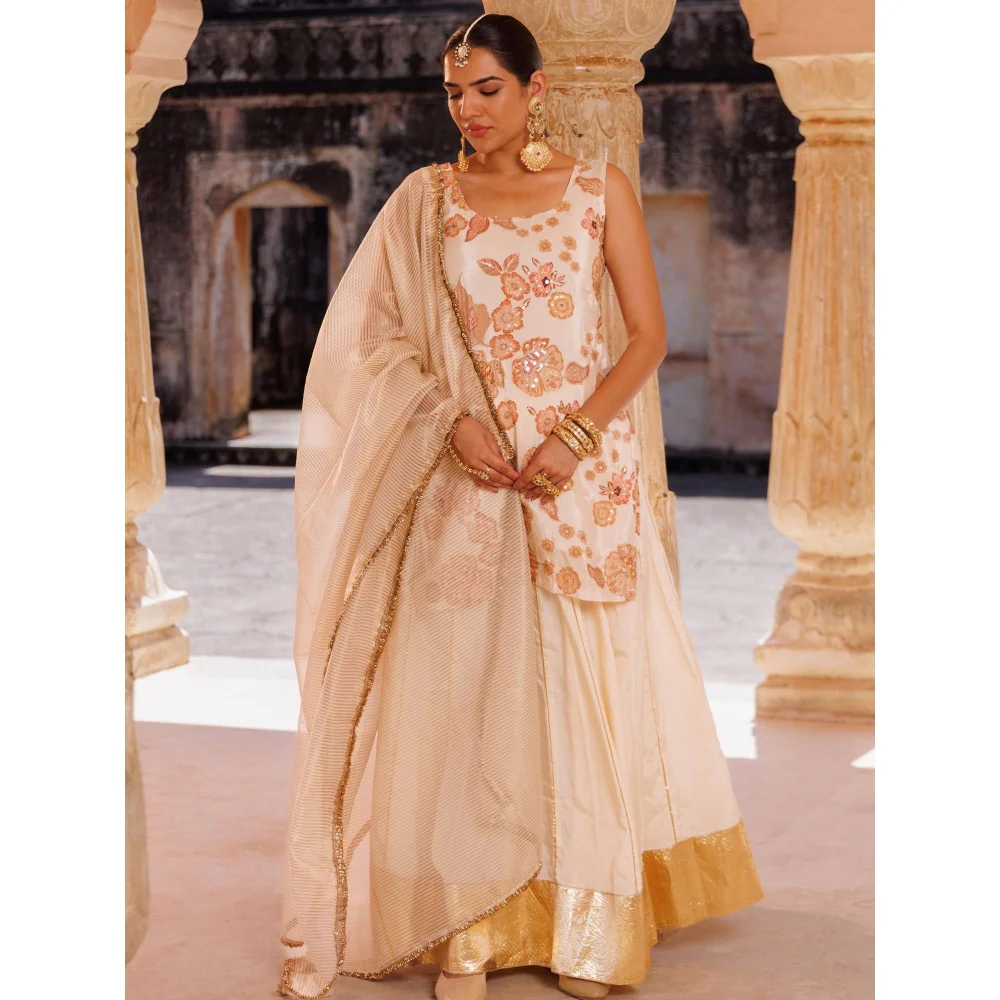 Bannhi Ivory, Crepe Embroidered Kurta with Skirt and Dupatta - Image 3