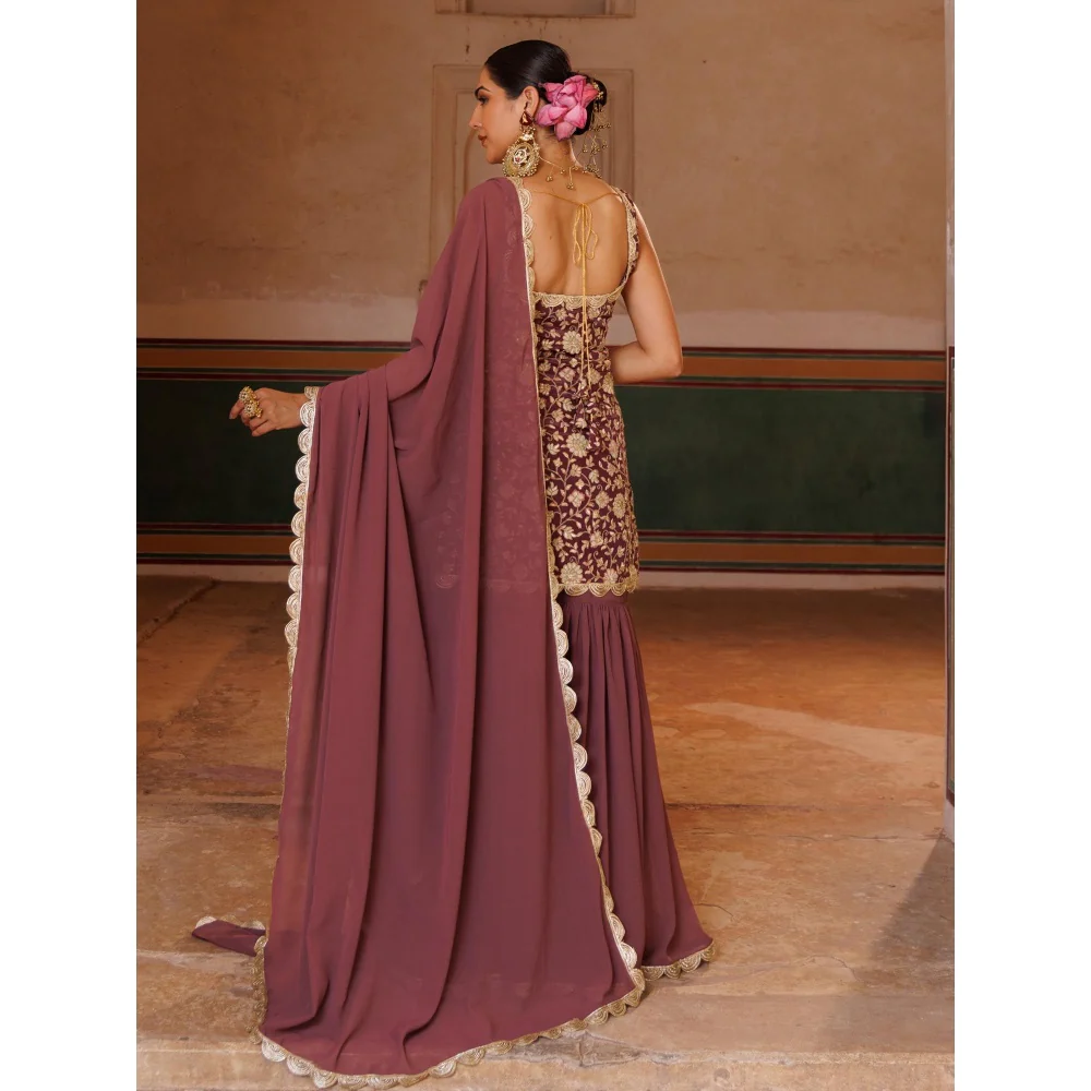 Bannhi Mauve Crepe, Embroidered Kurta With Sharara and Dupatta - Image 2