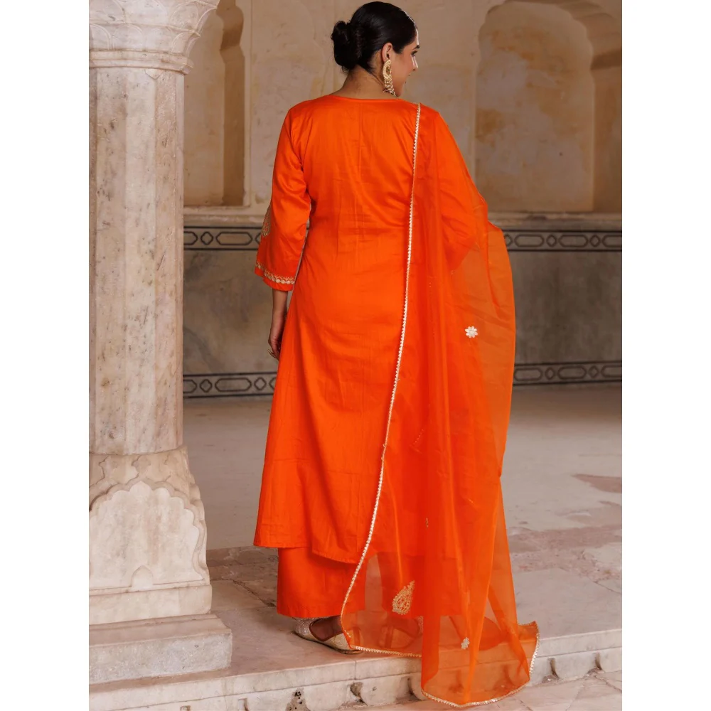 Bannhi Orange Cotton Silk Gota Patti Work Kurta With Pant and Dupatta - Image 2