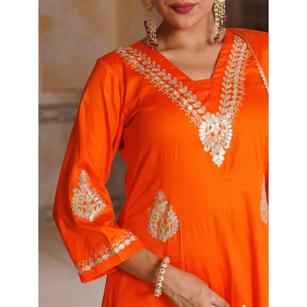 Bannhi Orange Cotton Silk Gota Patti Work Kurta With Pant and Dupatta - Image 5