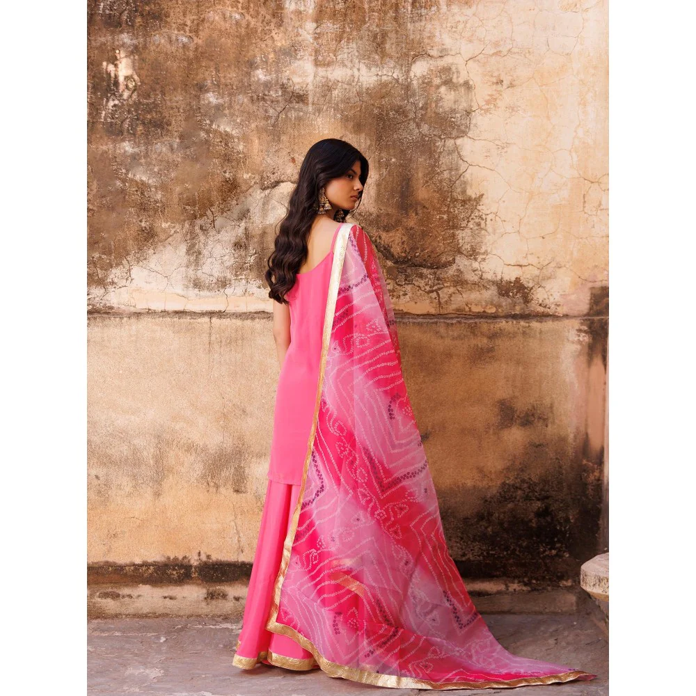 Bannhi Pink Crepe Strappy Kurta With Sharara and Dupatta - Image 2