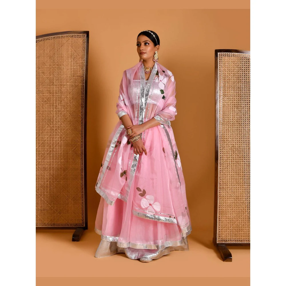 Bannhi Pink Gulaab Hand Painted Lehenga with Stitched Blouse and Dupatta