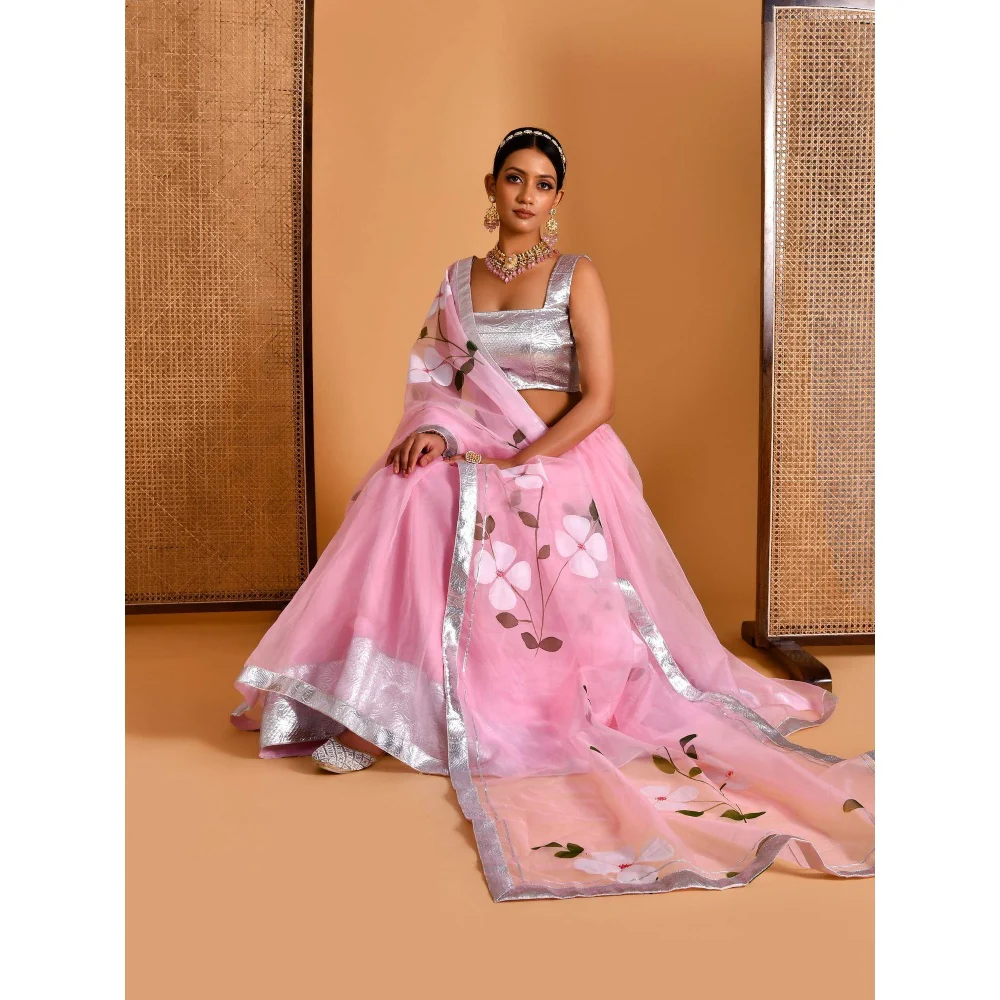 Bannhi Pink Gulaab Hand Painted Lehenga with Stitched Blouse and Dupatta - Image 3