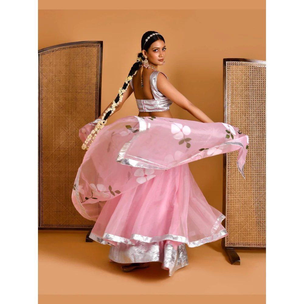Bannhi Pink Gulaab Hand Painted Lehenga with Stitched Blouse and Dupatta - Image 4