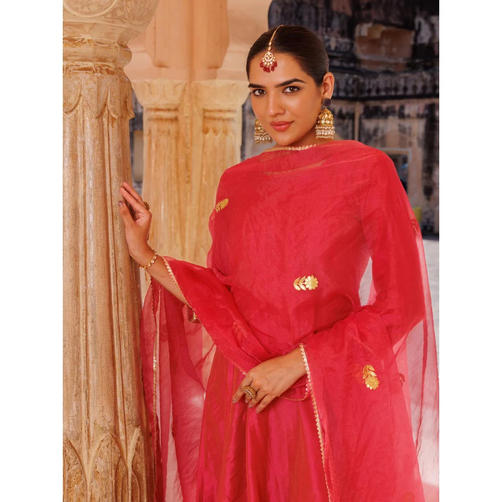 Bannhi Pink Raw Silk, Gota Patti Work Anarkali With Pant and Dupatta - Image 3