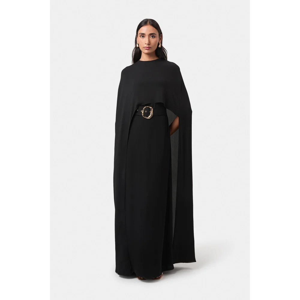 BEYOND Womens Viscose Solid Black Dress With Cape And Belt - Image 3