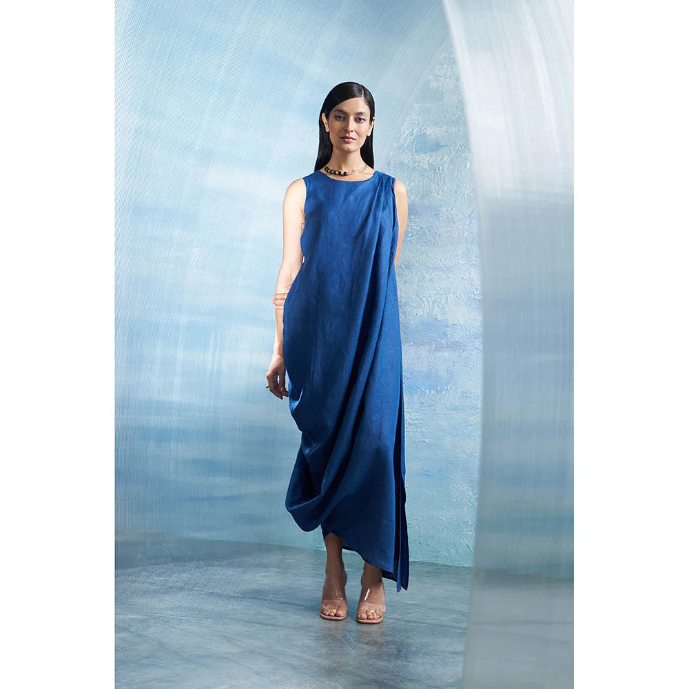 Charkhee Aura Royal Blue Linen Drape Dress with Belt (Set of 2) - Image 2
