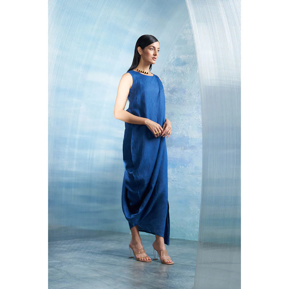 Charkhee Aura Royal Blue Linen Drape Dress with Belt (Set of 2) - Image 3