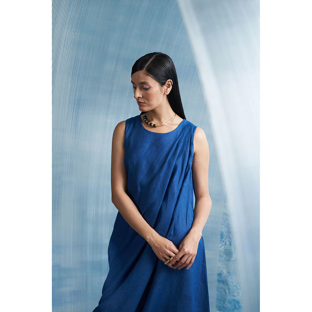 Charkhee Aura Royal Blue Linen Drape Dress with Belt (Set of 2) - Image 5