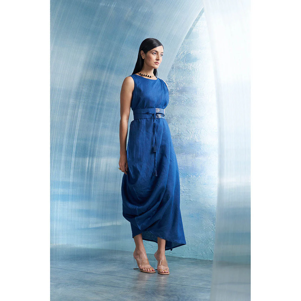 Charkhee Aura Royal Blue Linen Drape Dress with Belt (Set of 2) - Image 6