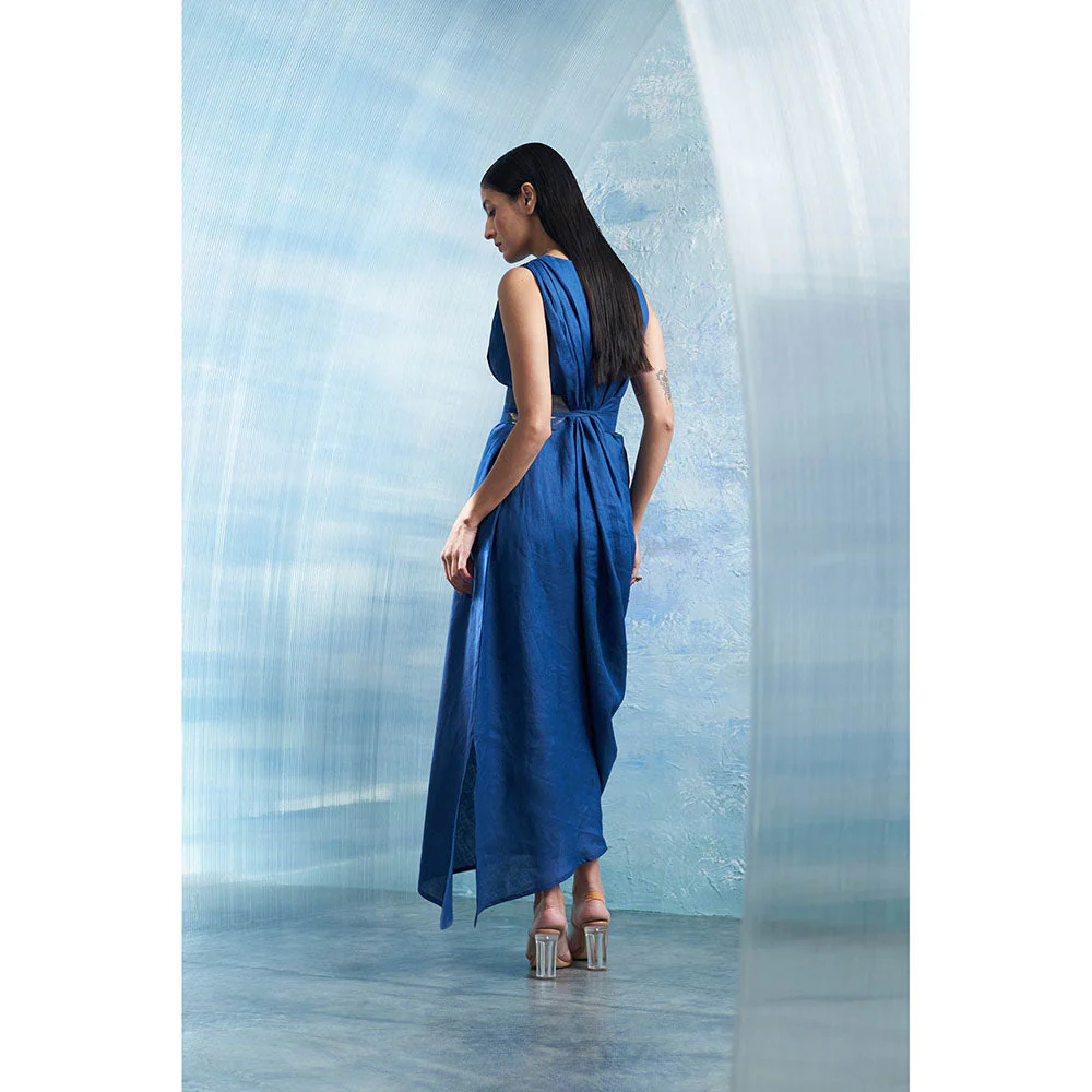 Charkhee Aura Royal Blue Linen Drape Dress with Belt (Set of 2) - Image 8