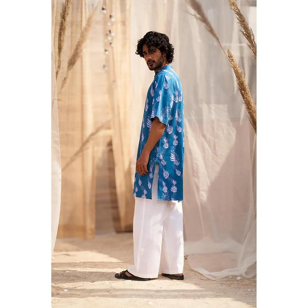 Charkhee Ocean Blue Short Sleeve Printed Kurta with Pant - Image 2