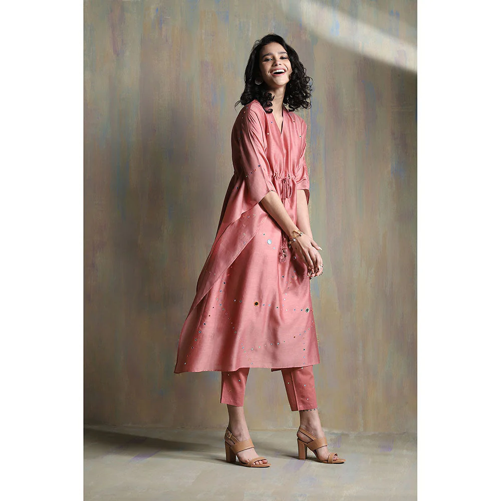 Charkhee Pink Chanderi Kaftan with Pants (Set of 2) - Image 3