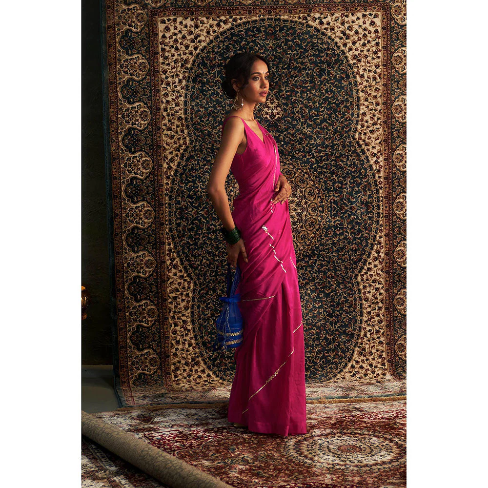 Charkhee Prarambh Rani Pink Embroidered Chanderi Saree with Stitched Blouse - Image 6