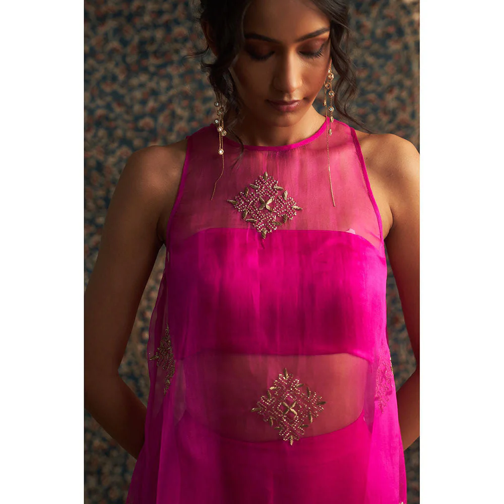 Charkhee Rani Pink Embroidered Aline Kurti with Bustier and Pant (Set of 3) - Image 6
