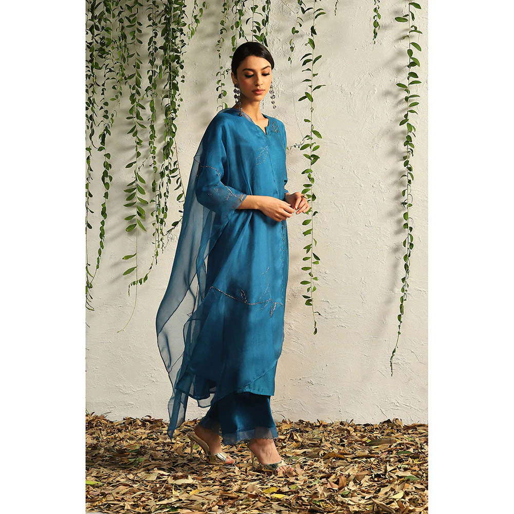 Charkhee Teal Side Gathered Kurta with Pants and Dupatta (Set of 3) - Image 7