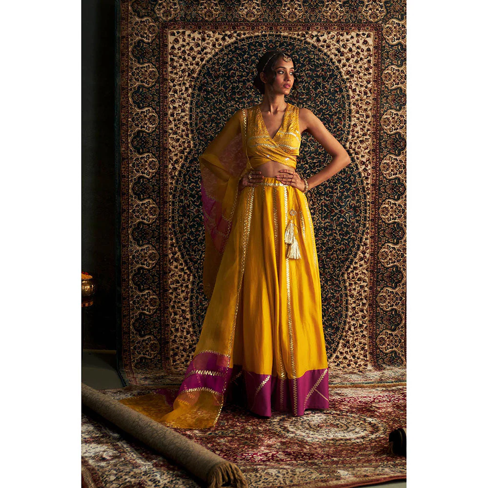 Charkhee Yellow Prarambh Embroidered Lehenga with Blouse and Dupatta (Set of 3) - Image 3