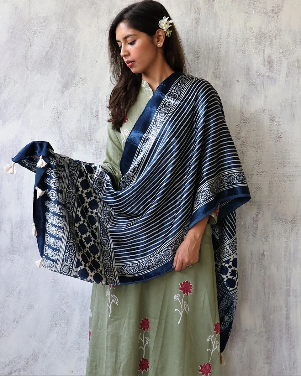 Chidiyaa Blue Mashru Silk Stole
