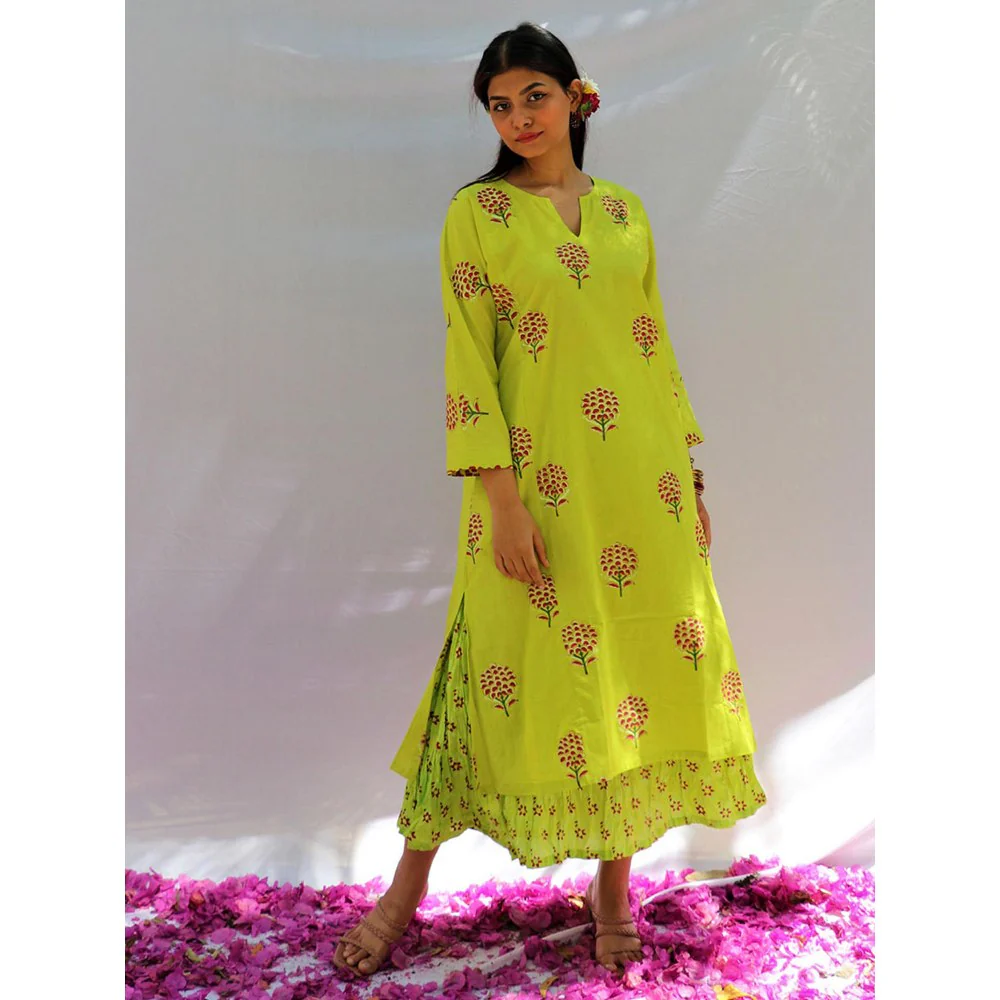 Chidiyaa Bud Green Block Printed Cotton Kurta Skirt - Fos (Set of 2) - Image 2