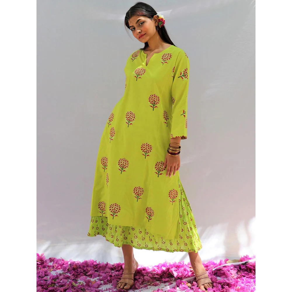 Chidiyaa Bud Green Block Printed Cotton Kurta Skirt - Fos (Set of 2) - Image 3