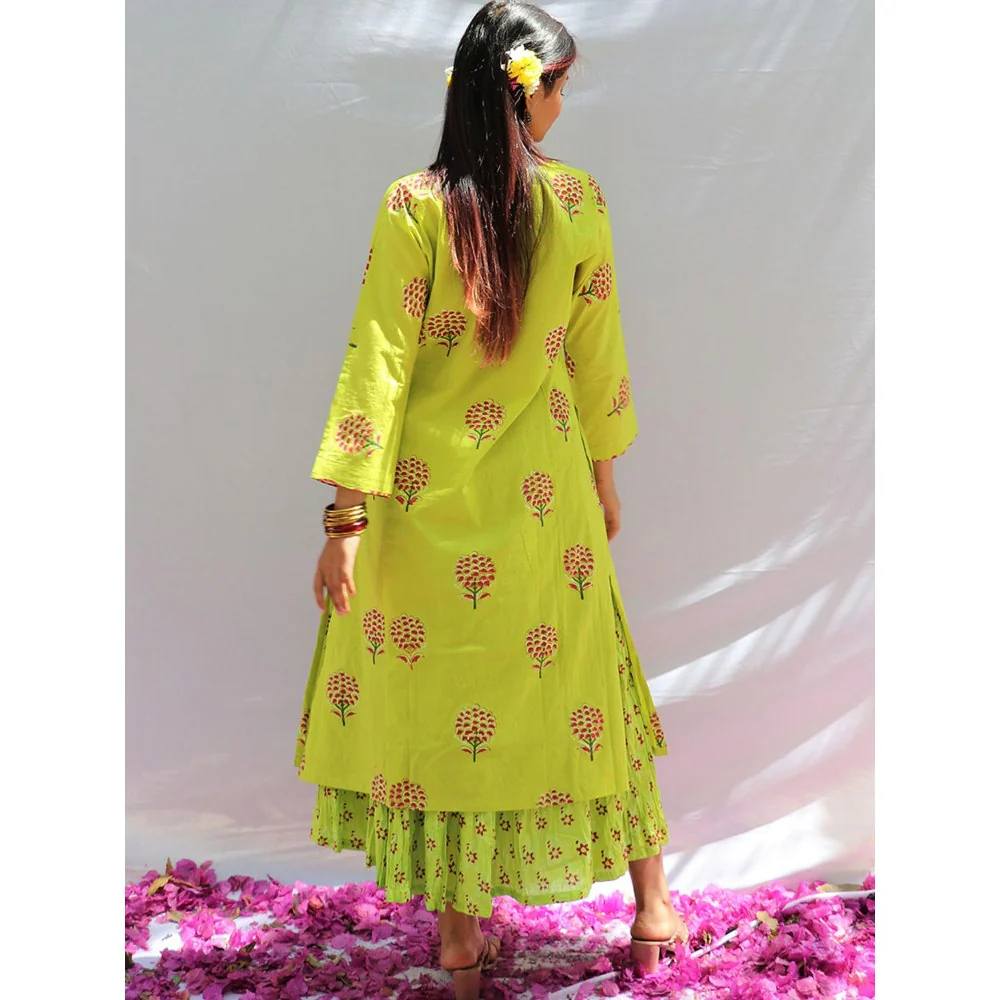 Chidiyaa Bud Green Block Printed Cotton Kurta Skirt - Fos (Set of 2) - Image 4