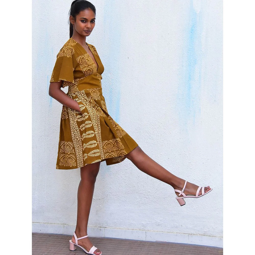 Chidiyaa Humming Bird Golden Blossom Mustard Handblock Printed Cotton Dress - Image 5
