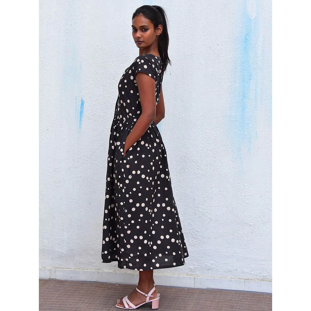 Chidiyaa Humming Bird Radiant Delight Black Polka Handblock Printed Cotton Dress - Image 3