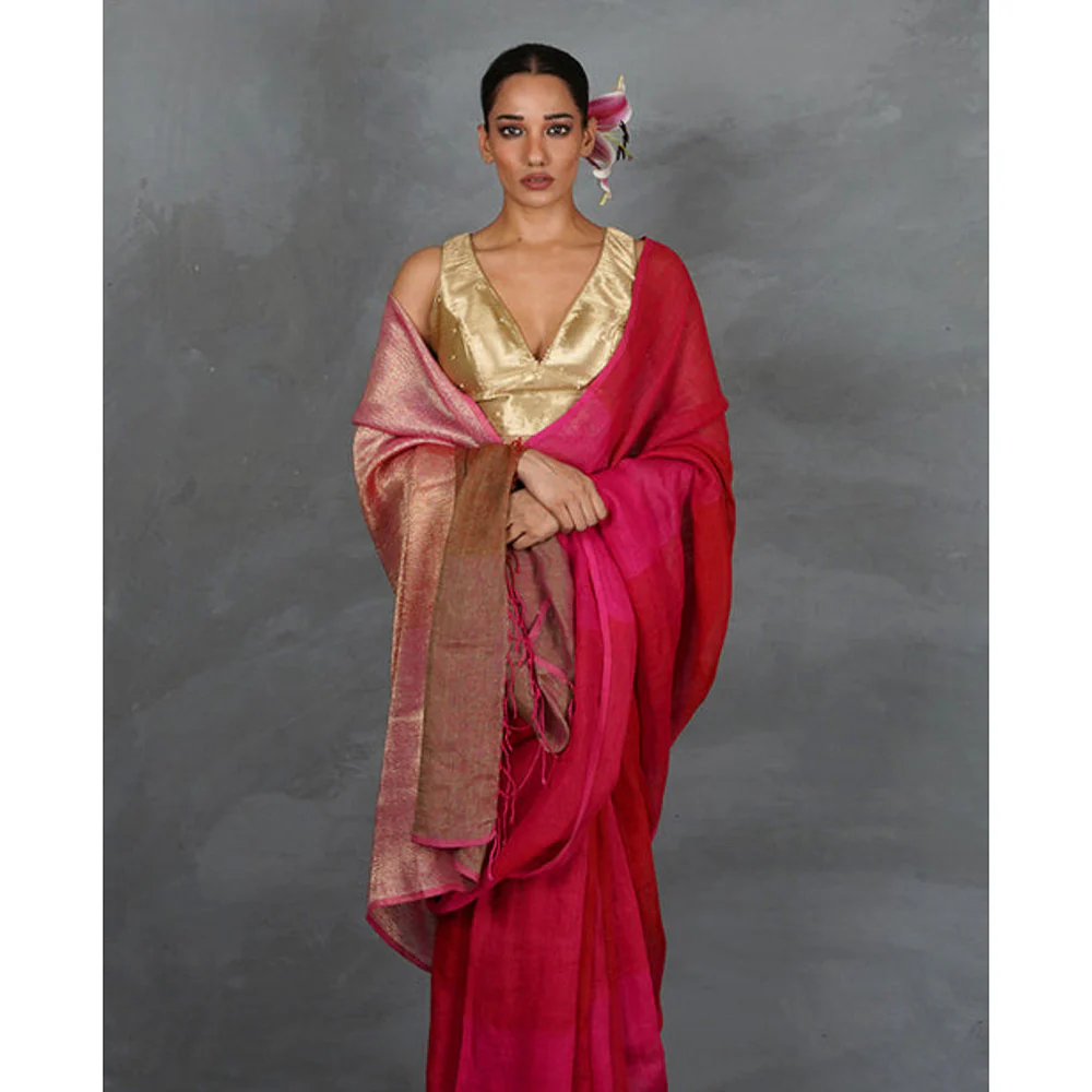 Chidiyaa Inner Glow Handwoven Linen Saree with Unstitched Blouse - Image 3