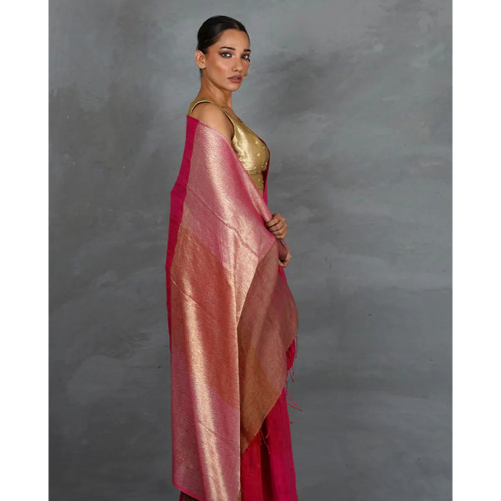 Chidiyaa Inner Glow Handwoven Linen Saree with Unstitched Blouse - Image 6
