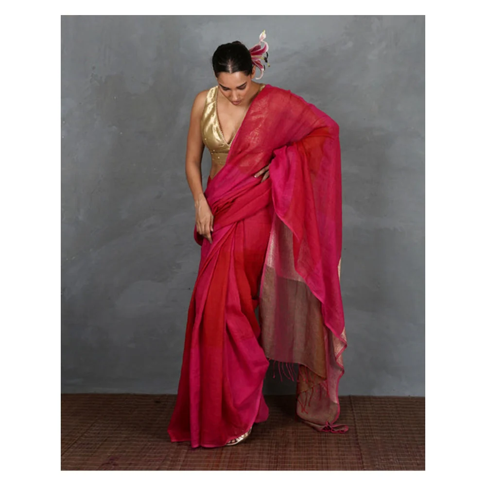 Chidiyaa Inner Glow Handwoven Linen Saree with Unstitched Blouse - Image 7