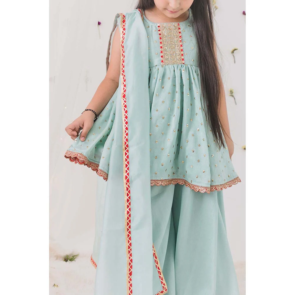 Chotibuti Embroidered Green Anarkali Kurti with Sharara and Dupatta - Image 3