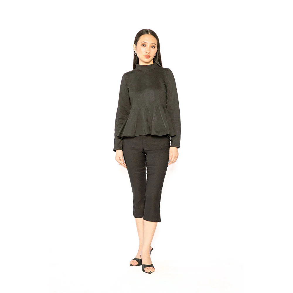 Contemponari Black Solid Full Sleeves Trojan Top